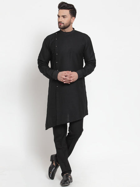 Designer Black Kurta With Aligarh Pajama Set in Linen For Men by Treemoda