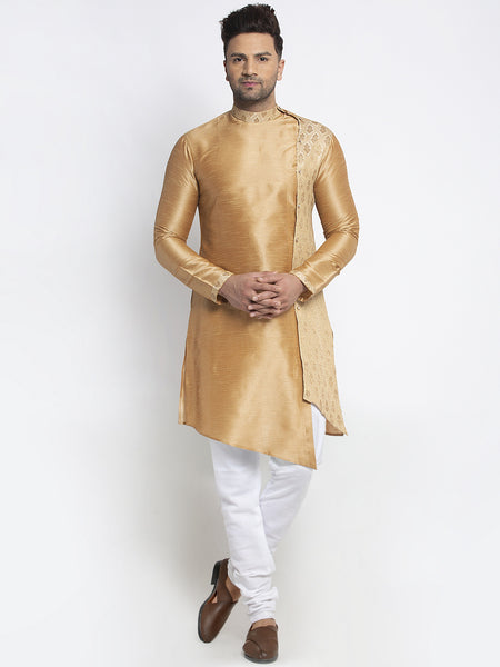 Embellished Brocade Golden Kurta With Churidar Pajama Set For Men By Treemoda