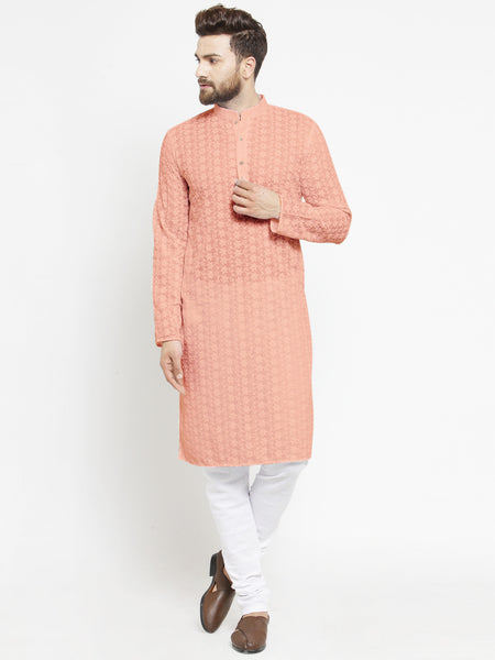 Salmon Pink Chikankari Lucknowi Jaal Embroidered Kurta with Churidar Pajama For Men by Treemoda