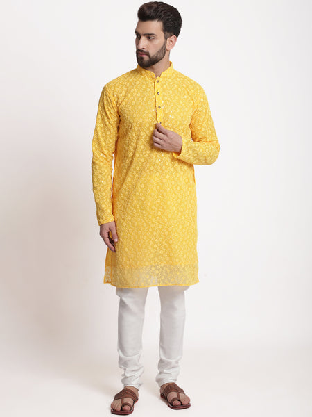 Yellow Chikankari Floral Embroidery Kurta With Churidar Pajama by Treemoda