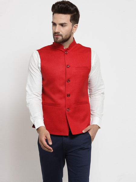 Men Red Solid Nehru Jacket By Treemoda