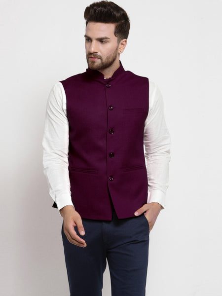 Men Purple Solid Nehru Jacket By Treemoda