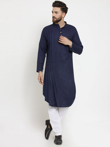 Designer Blue Linen Kurta With Aligarh Pajama For Men By Treemoda