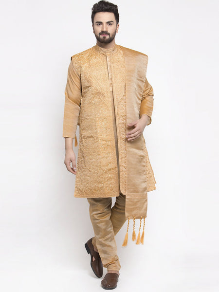Men's Gold Embroidered Kurta Pajama Set With,Jacket, and Scarf by Treemoda