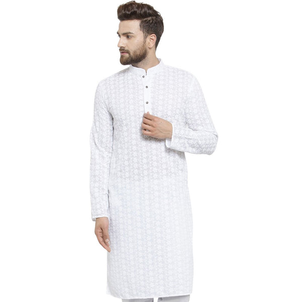 White Cotton Chikankari Lucknowi Jaal Embroidered Kurta By Treemoda