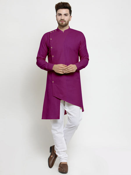 Designer Purple Linen Kurta With White Churidar Pajama For Men By Treemoda