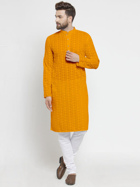 Mustard Yellow Cotton Chikankari Lucknowi Jaal Embroidered Kurta with Churidar Pajama For Men by Treemoda