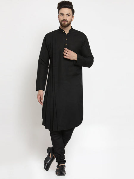 Designer Black Linen Kurta With Churidar Pajama For Men By Treemoda