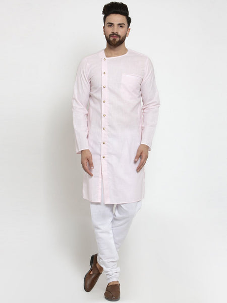 Pink Kurta With Churidar Pajama Set in Linen For Men by Treemoda