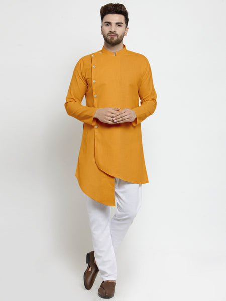 Designer Mustard Yellow Linen Kurta With White Aligarh Pajama For Men By Treemoda