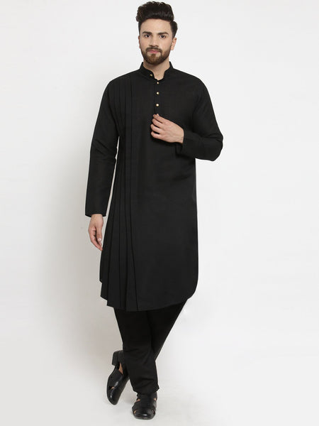 Designer Black Linen Kurta With Aligarh Pajama For Men By Treemoda