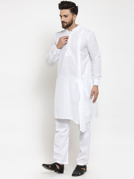 White Kurta With Aligarh Pajama Set in Linen For Men by Treemoda