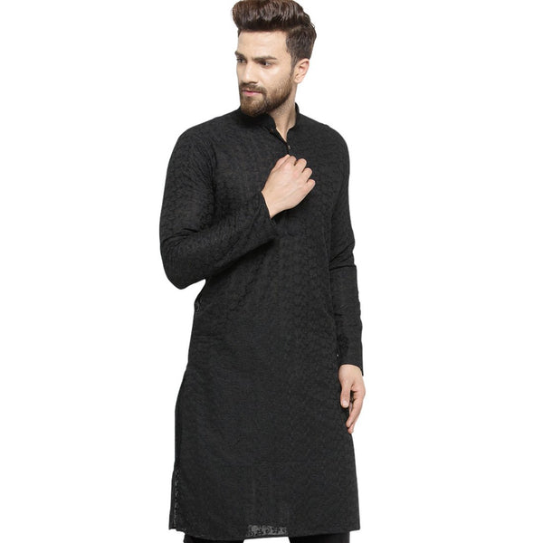 Black Cotton Chikankari Lucknowi Jaal Embroidered Kurta By Treemoda
