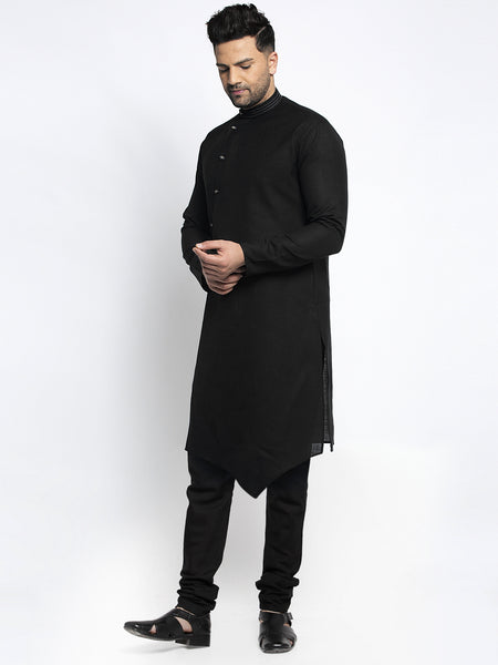 Designer Black Linen Kurta With Churidar Pajama Set For Men By Treemoda