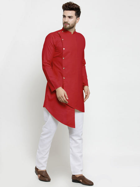 Designer Red Linen Kurta With White Aligarh Pajama For Men By Treemoda