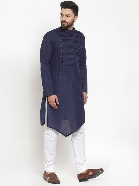 Designer Navy blue Kurta With Churidar Pajama Set in Linen for men by Treemoda