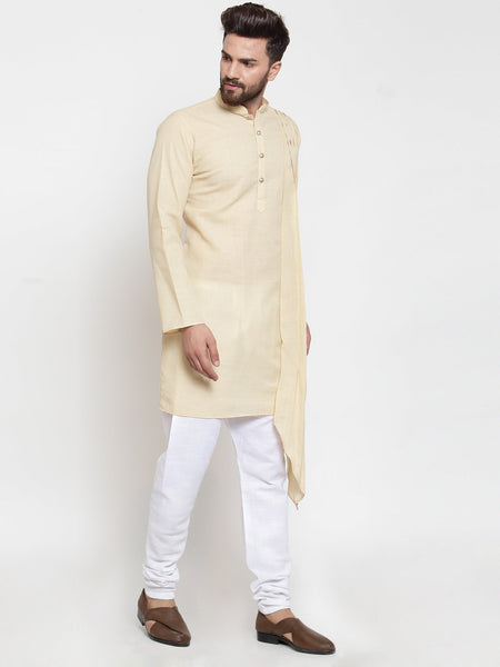 Beige Kurta With Churidar Pajama Set in Linen For Men by Treemoda