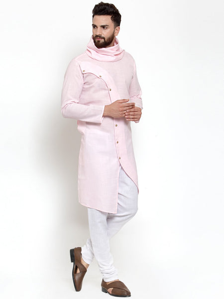 Pink Kurta With Aligarh Pajama Set in Linen For Men by Treemoda