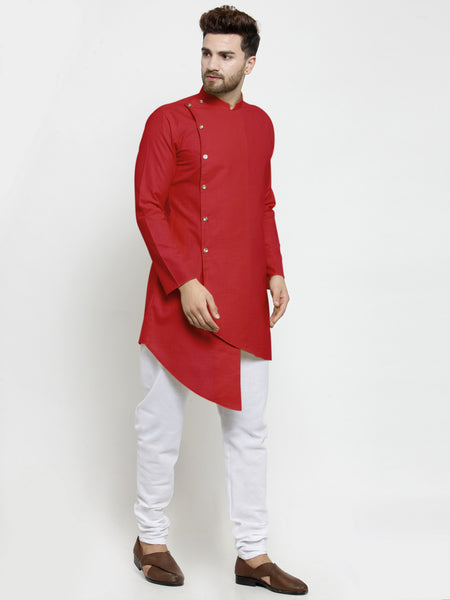 Designer Red Linen Kurta With White Churidar Pajama For Men By Treemoda