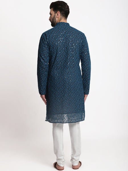 Blue Chikankari Floral Embroidery Kurta With Churidar Pajama by Treemoda