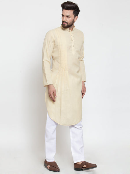 Beige Kurta With Aligarh Pajama Set in Linen For Men by Treemoda