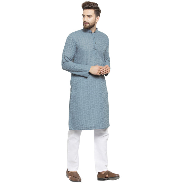 Light Grey Cotton Chikankari Lucknowi Jaal Embroidered Kurta with Aligarh Pajama For Men  by Treemoda