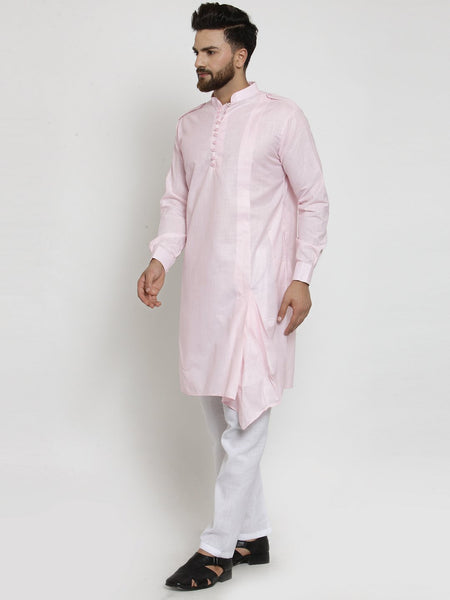 Pink Kurta With Aligarh Pajama  Set in Linen For Men by Treemoda