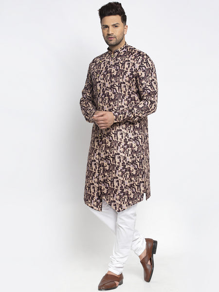 Designer Cotton Brown Block Printed Kurta With Churidar Pajama Set For Men By Treemoda