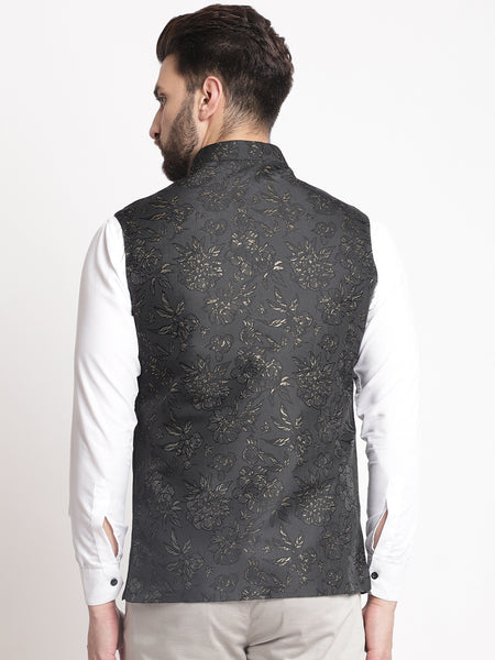 Black Jacquard  Brocade Silk Nehru Jacket By Treemoda