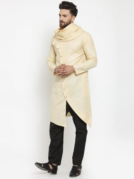 Beige Kurta With Aligarh Pajama Set in Linen For Men by Treemoda