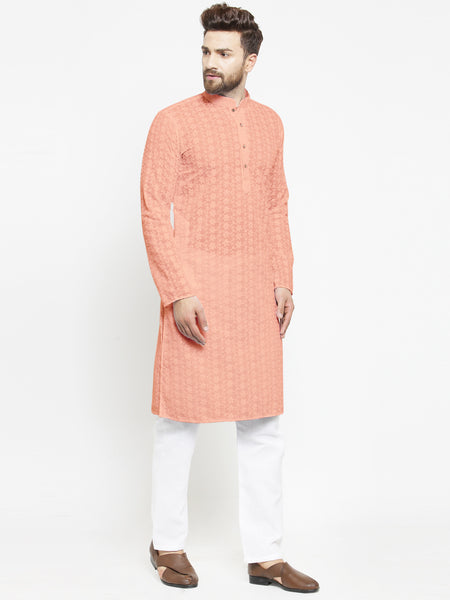 Salmon Pink Chikankari Lucknowi Jaal Embroidered Kurta with Aligarh Pajama by Treemoda