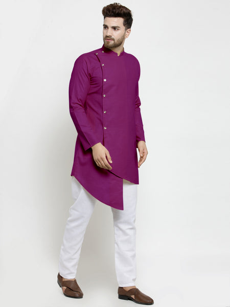 Designer Purple Linen Kurta With White Aligarh Pajama For Men By Treemoda