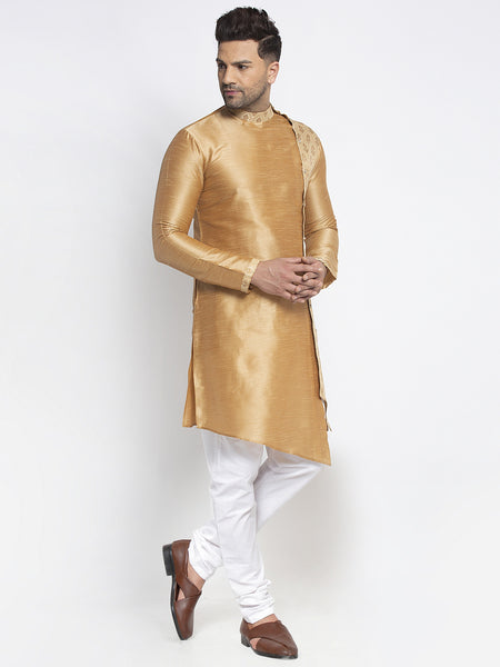 Embellished Brocade Golden Kurta With Churidar Pajama Set For Men By Treemoda