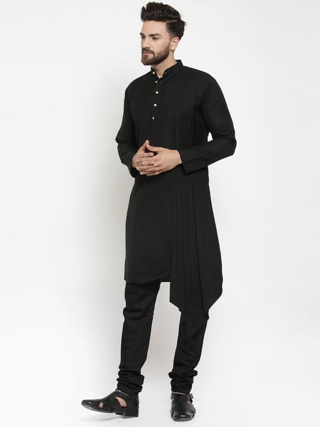 Black Kurta With Churidar Pajama Set in Linen For Men by Treemoda