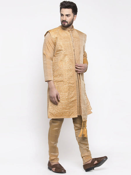 Men's Gold Embroidered Kurta Pajama Set With,Jacket, and Scarf by Treemoda