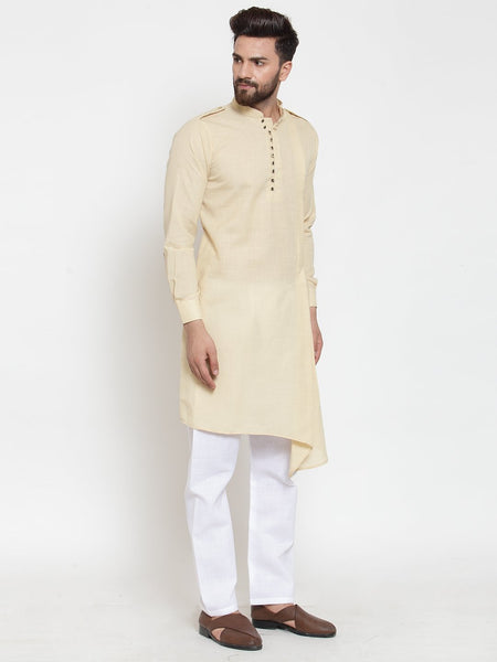 Beige Kurta With Aligarh Pajama Set in Linen For Men by Treemoda