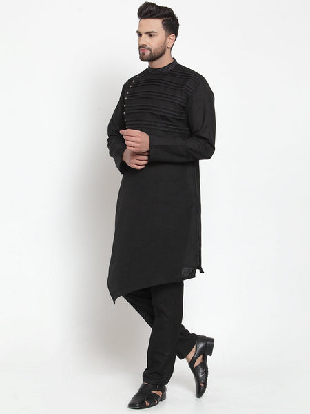 Designer Black Kurta With Aligarh Pajama Set in Linen For Men by Treemoda