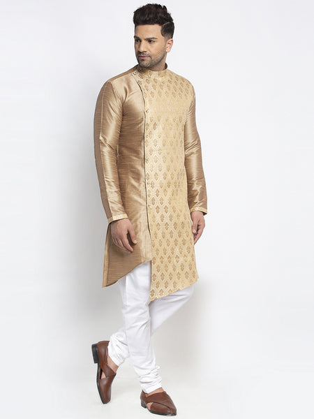 Embellished Brocade Golden Kurta With Churidar Pajama Set For Men By Treemoda