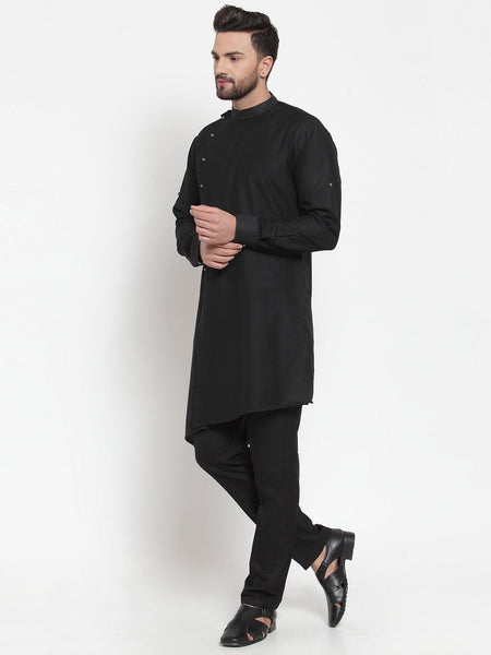 Designer Black Kurta With Aligarh Pajama Set in Linen For Men by Treemoda