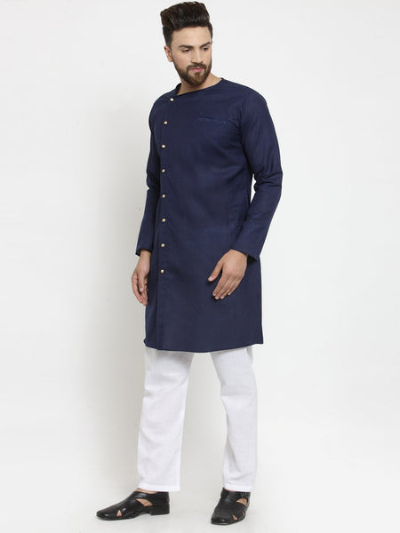 Navy Blue Kurta With Aligarh Pajama Set in Linen for men by Treemoda