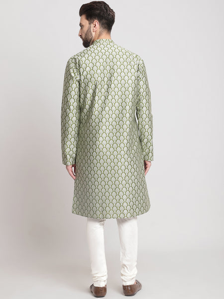 Designer Golden Green Brocade Silk Kurta With Churidar Pajama By Treemoda