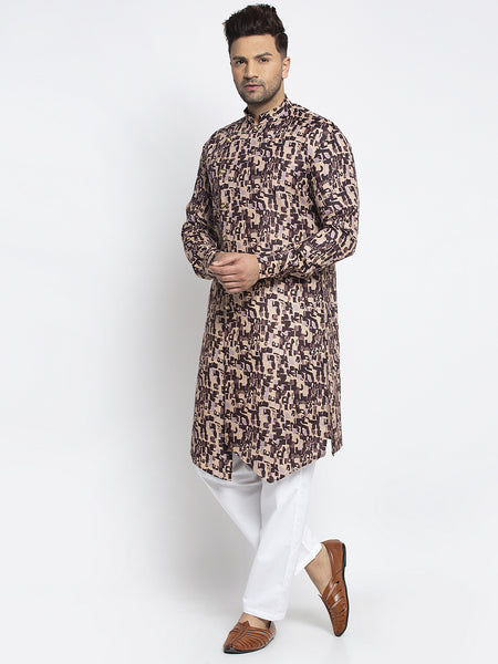 Designer Cotton Brown Block Printed Kurta With Aligarh Pajama Set For Men By Treemoda