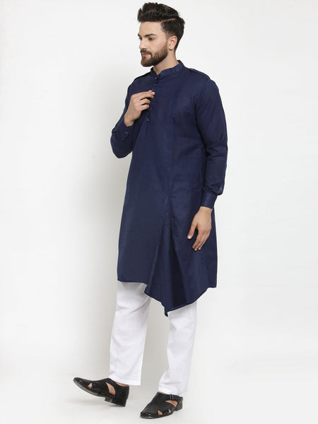 Navy Blue Kurta With Aligarh Pajama Set in Linen For Men by Treemoda