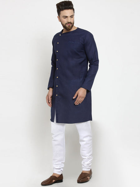 Navy Blue Kurta With Churidar Pajama Set in Linen For Men by Treemoda