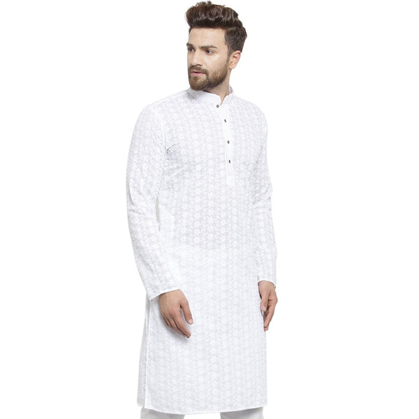 White Cotton Chikankari Lucknowi Jaal Embroidered Kurta By Treemoda