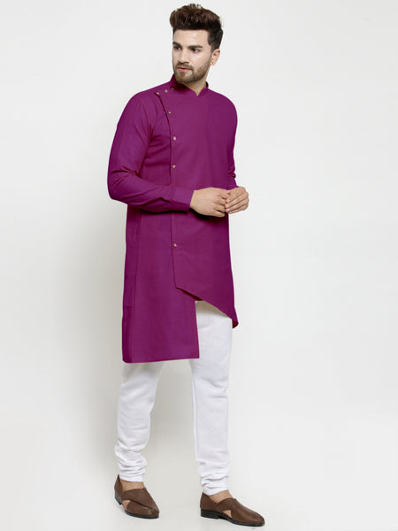 Designer Purple Linen Kurta With White Churidar Pajama For Men By Treemoda