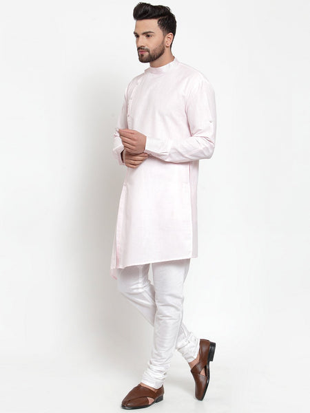 Designer Pink Kurta With Churidar Pajama Set in Linen For Men by Treemoda