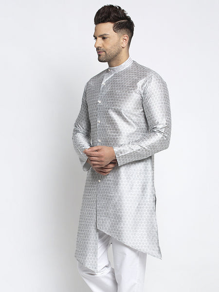 Designer Embellished Brocade Light Grey Kurta For Men By Treemoda