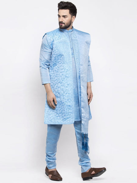 Men's Blue Embroidered Kurta Pajama, Set With Jacket, and Scarf  by Treemoda