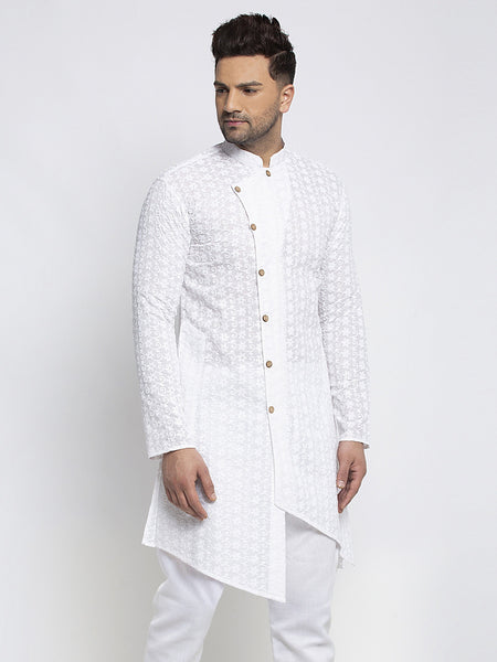 Designer Cotton Chikankari White Kurta For Men By Treemoda